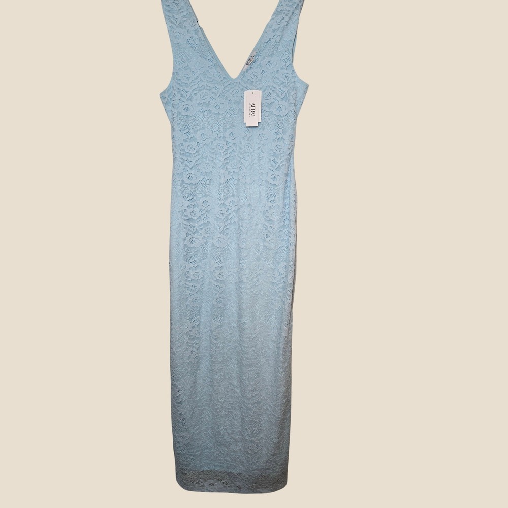 AFRM Los Angeles Womens Light Blue Floral Lace V-Neck Sleeveless Maxi Dress M